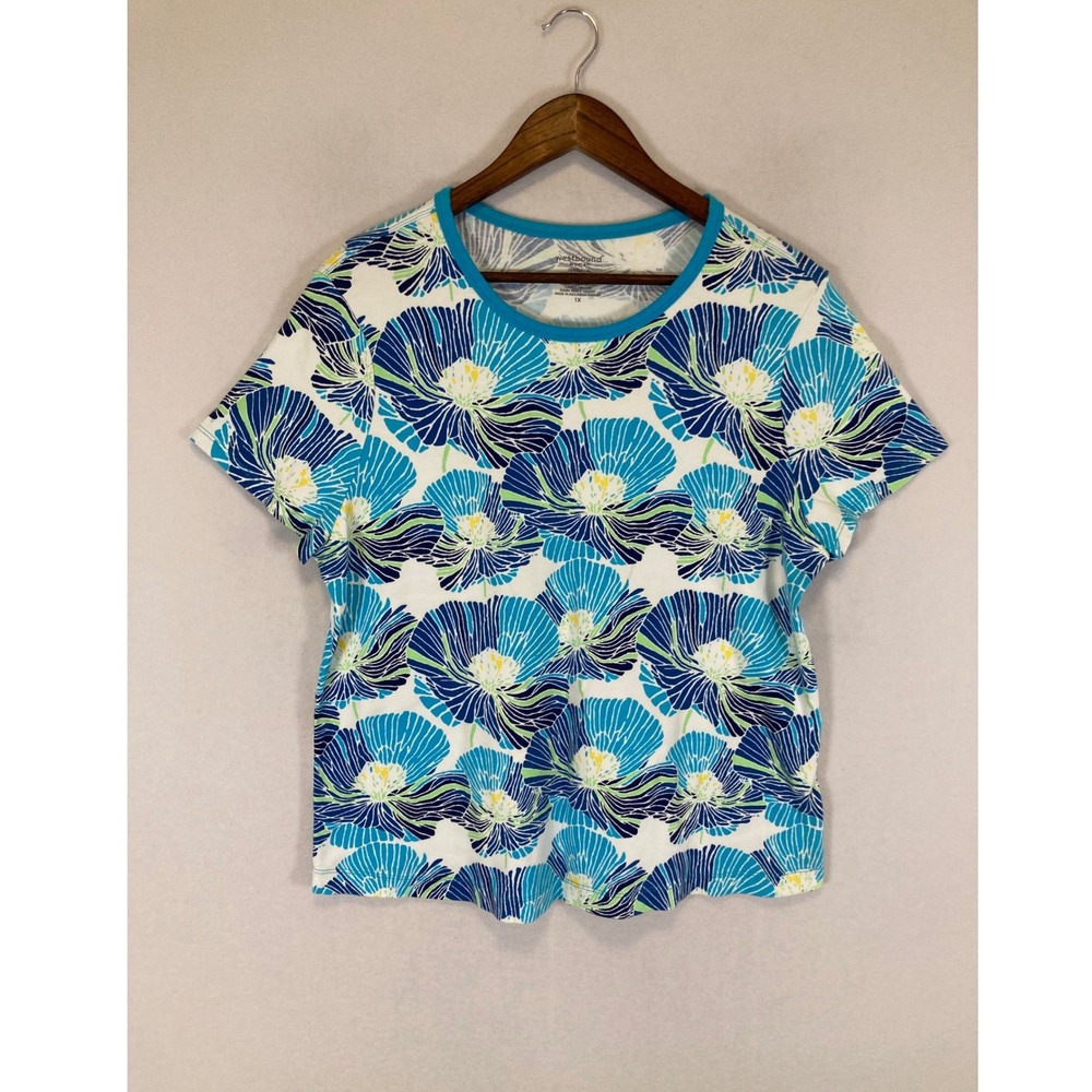 Floral Coastal Westbound Woman 1X Blue Teal White Cotton Short Sleeve Tee Shirt‎